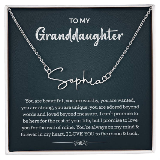 To My Granddaughter Signature Style Name Necklace Perfect Heartfelt Birthday, Graduation Or Holiday Gift For Your Granddaughter