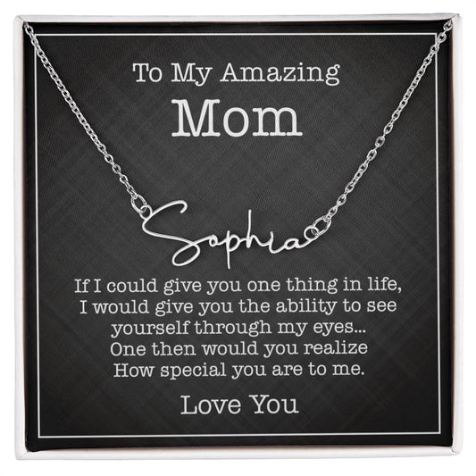 To My Mom Signature Style Name Necklace Thoughtful Jewelry Gift from Son or Daughter for Birthdays, Christmas, and Mother's Day
