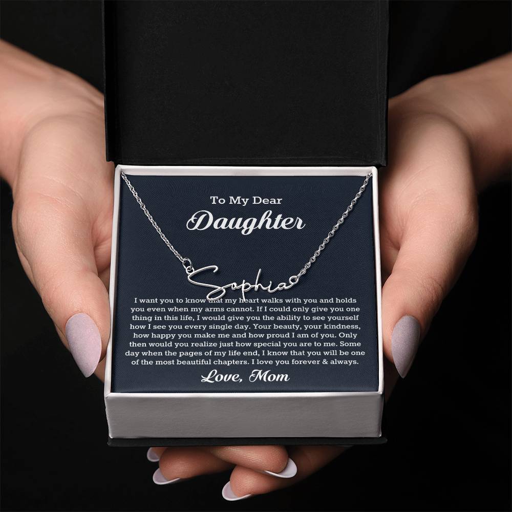 To My Dear Daughter Signature Style Name Necklace, Gift From Mom, Daughter Mother Jewelry, Birthday Christmas Gift
