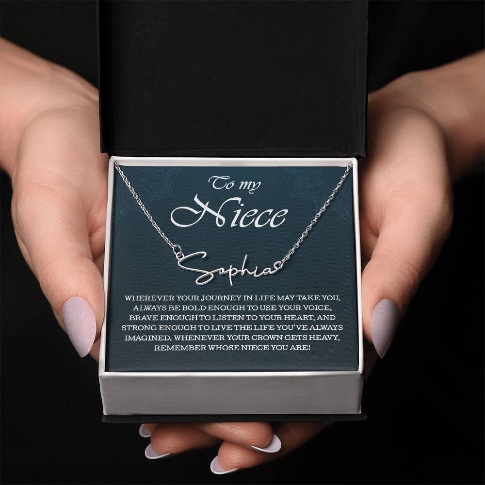 To My Niece Signature Style Name Necklace , Perfect Birthday or Graduation Gift with Blessing Card and Gift Box Packaging