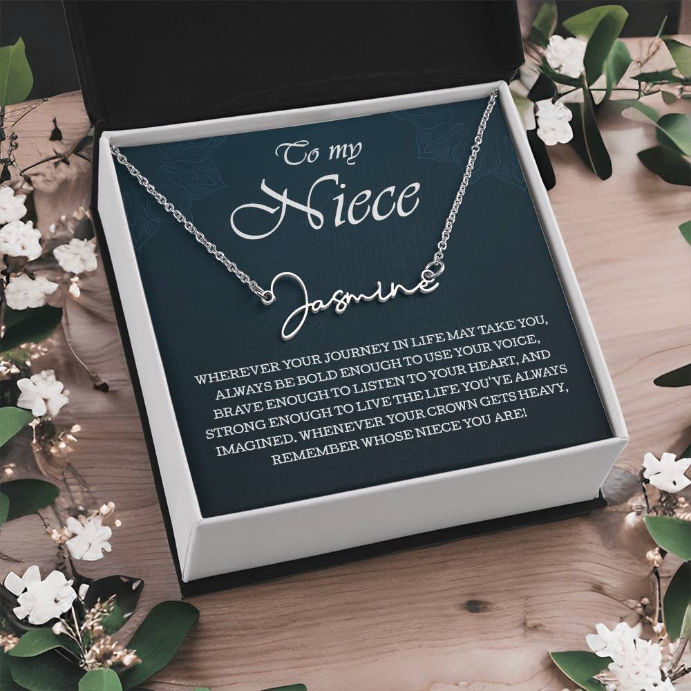 To My Niece Signature Style Name Necklace , Perfect Birthday or Graduation Gift with Blessing Card and Gift Box Packaging