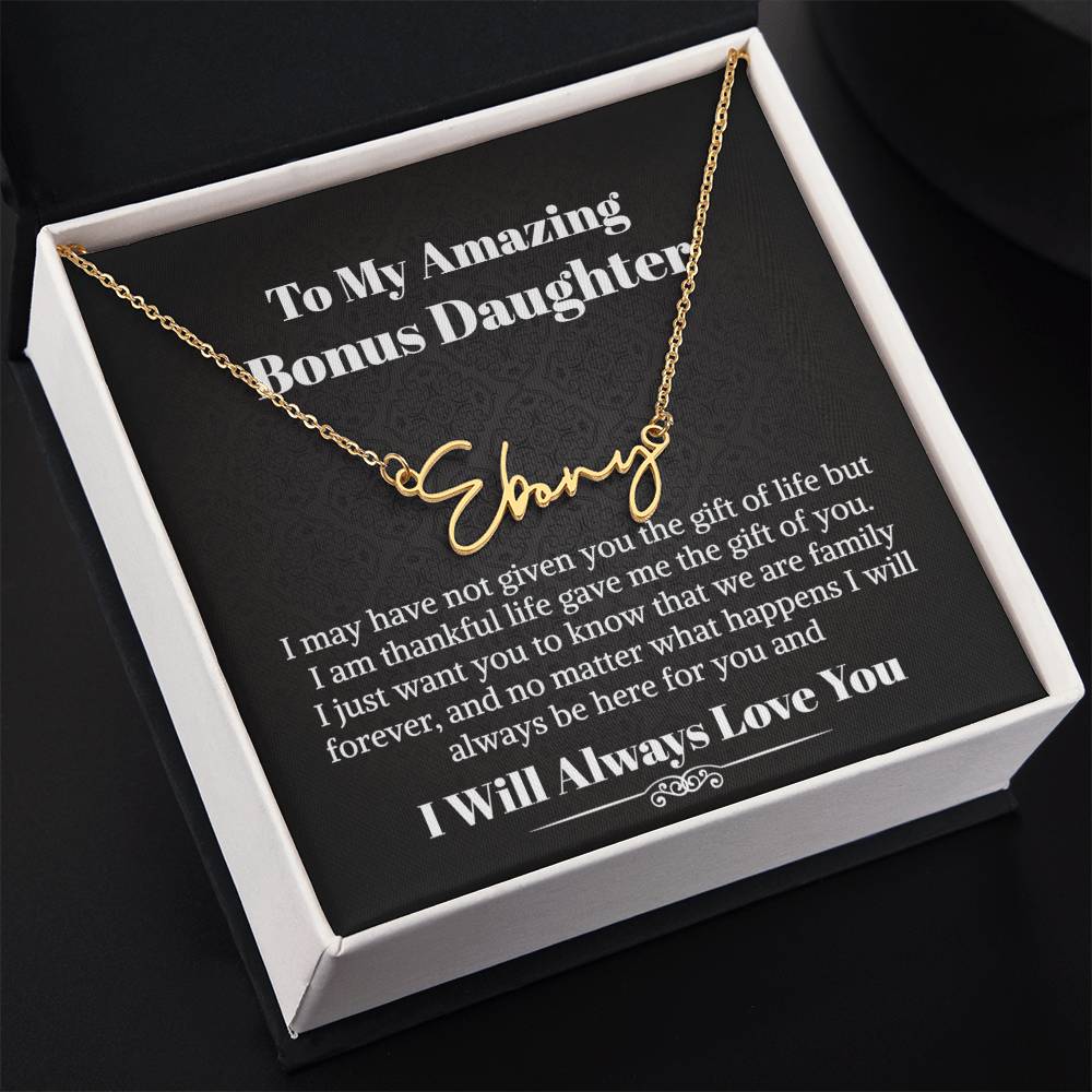 Bonus Daughter Signature Style Name Necklace Birthday Graduation Christmas Gift with Message Card and LED Jewelry Box Gift Pendant for Step Daughter Goddaughter