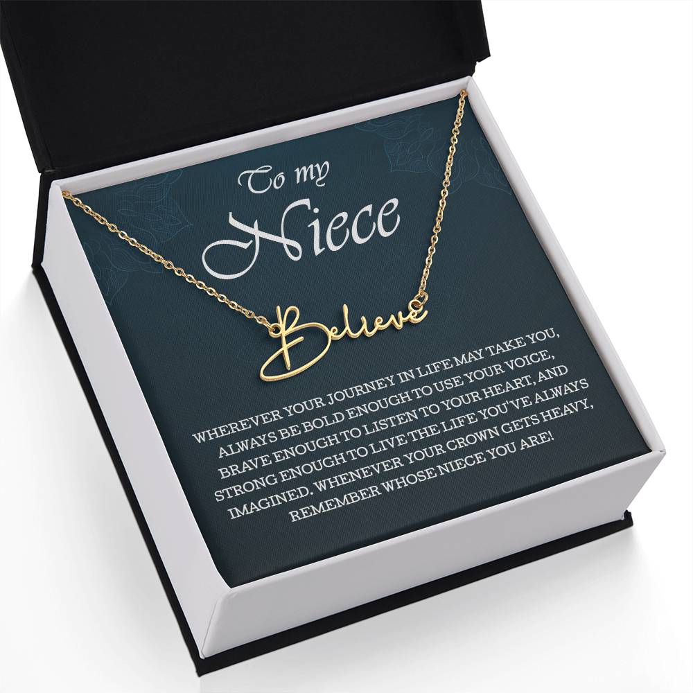 To My Niece Signature Style Name Necklace , Perfect Birthday or Graduation Gift with Blessing Card and Gift Box Packaging