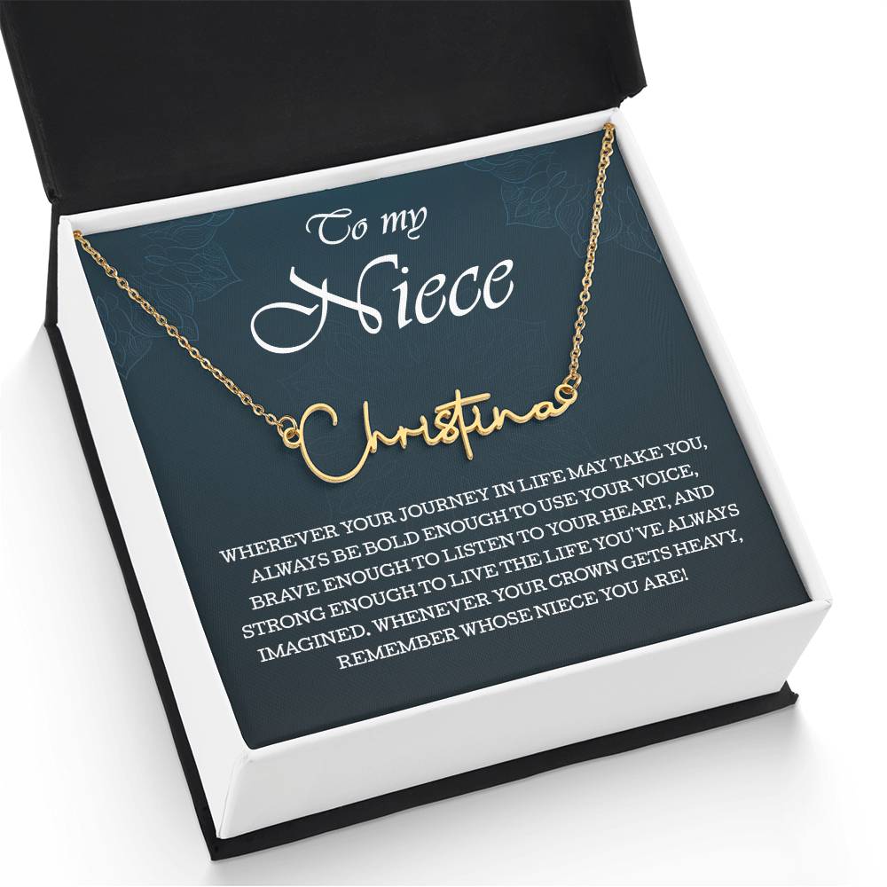 To My Niece Signature Style Name Necklace , Perfect Birthday or Graduation Gift with Blessing Card and Gift Box Packaging