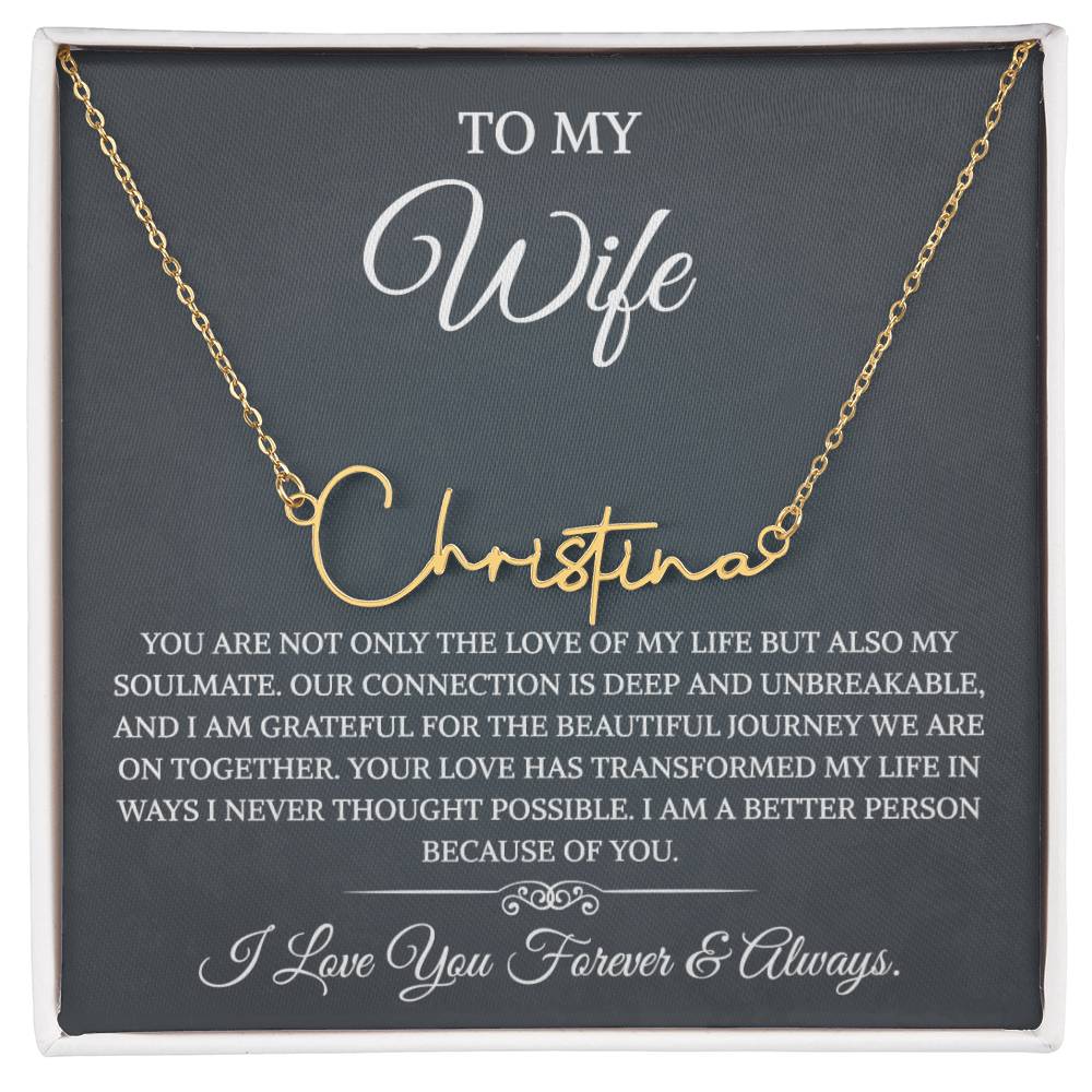 To My Wife Necklace from Husband with Message Card Romantic Gifts for Wife Signature Style Name Necklace for Women, Wife Jewelry Rose Gold, Wife Birthday