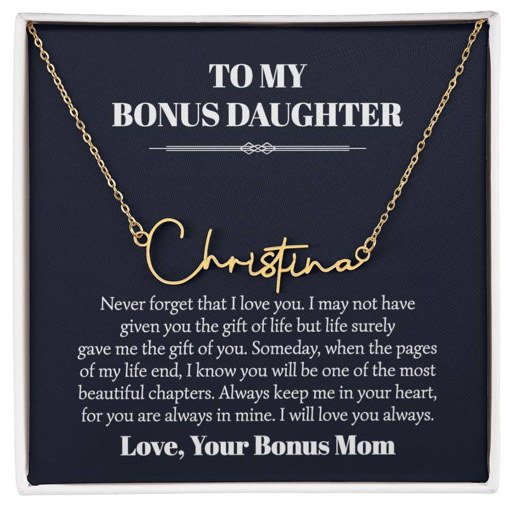 To My Bonus Daughter Signature Style Name Necklace Card
