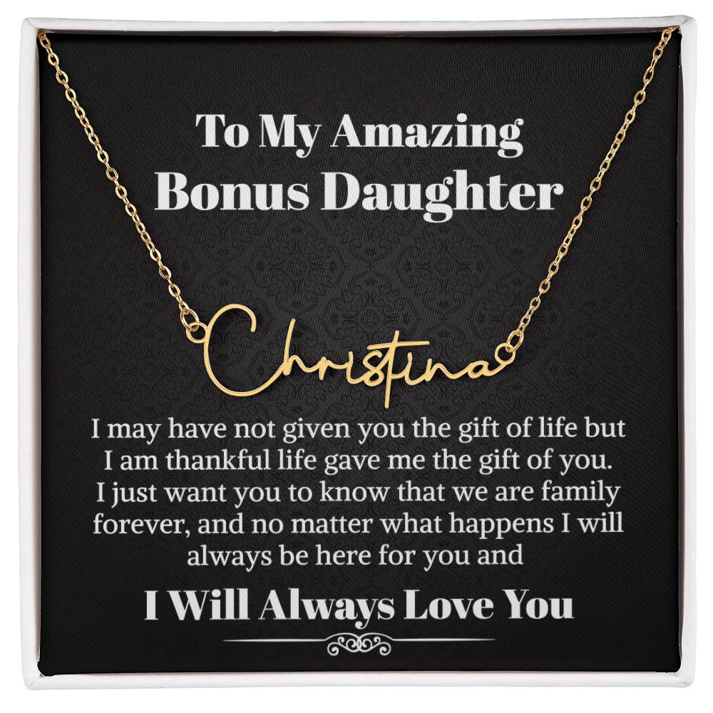 Bonus Daughter Signature Style Name Necklace Birthday Graduation Christmas Gift with Message Card and LED Jewelry Box Gift Pendant for Step Daughter Goddaughter