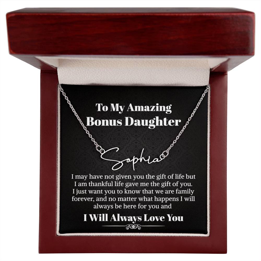 Bonus Daughter Signature Style Name Necklace Birthday Graduation Christmas Gift with Message Card and LED Jewelry Box Gift Pendant for Step Daughter Goddaughter