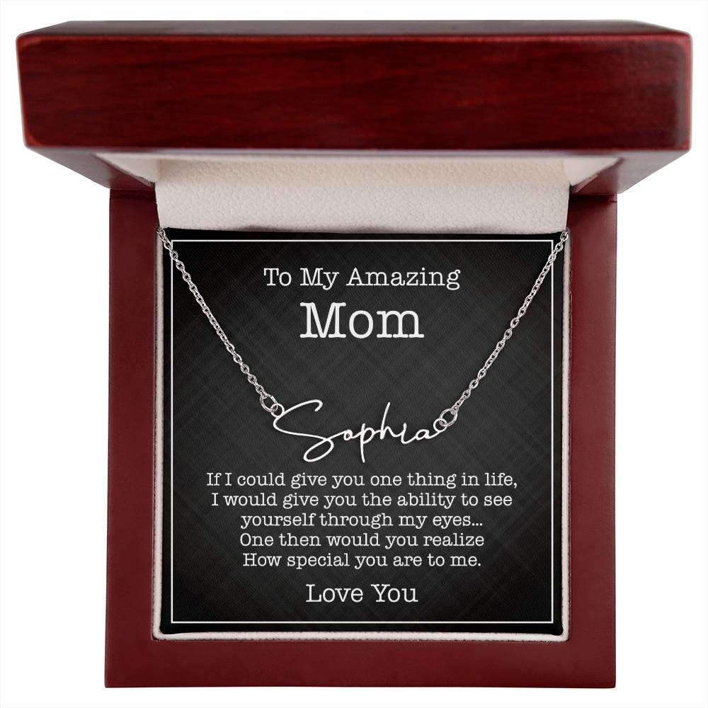 To My Mom Signature Style Name Necklace Thoughtful Jewelry Gift from Son or Daughter for Birthdays, Christmas, and Mother's Day