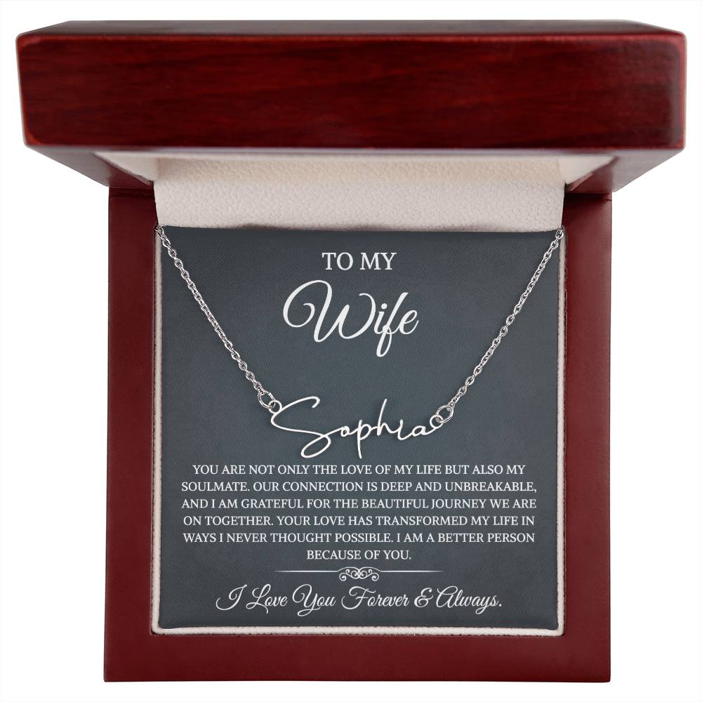 To My Wife Necklace from Husband with Message Card Romantic Gifts for Wife Signature Style Name Necklace for Women, Wife Jewelry Rose Gold, Wife Birthday