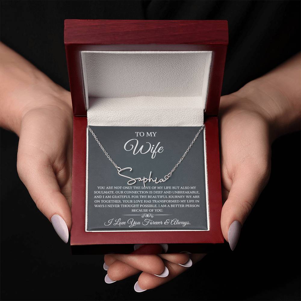 To My Wife Necklace from Husband with Message Card Romantic Gifts for Wife Signature Style Name Necklace for Women, Wife Jewelry Rose Gold, Wife Birthday