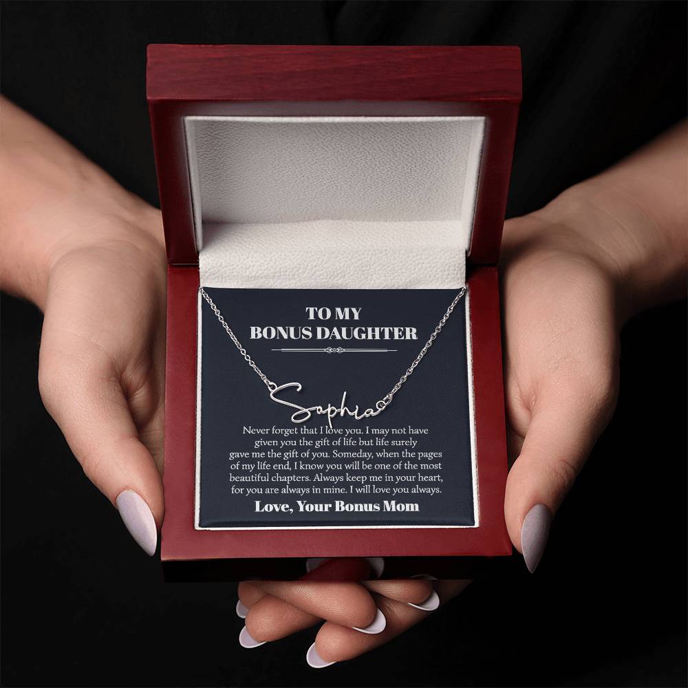 To My Bonus Daughter Signature Style Name Necklace Card
