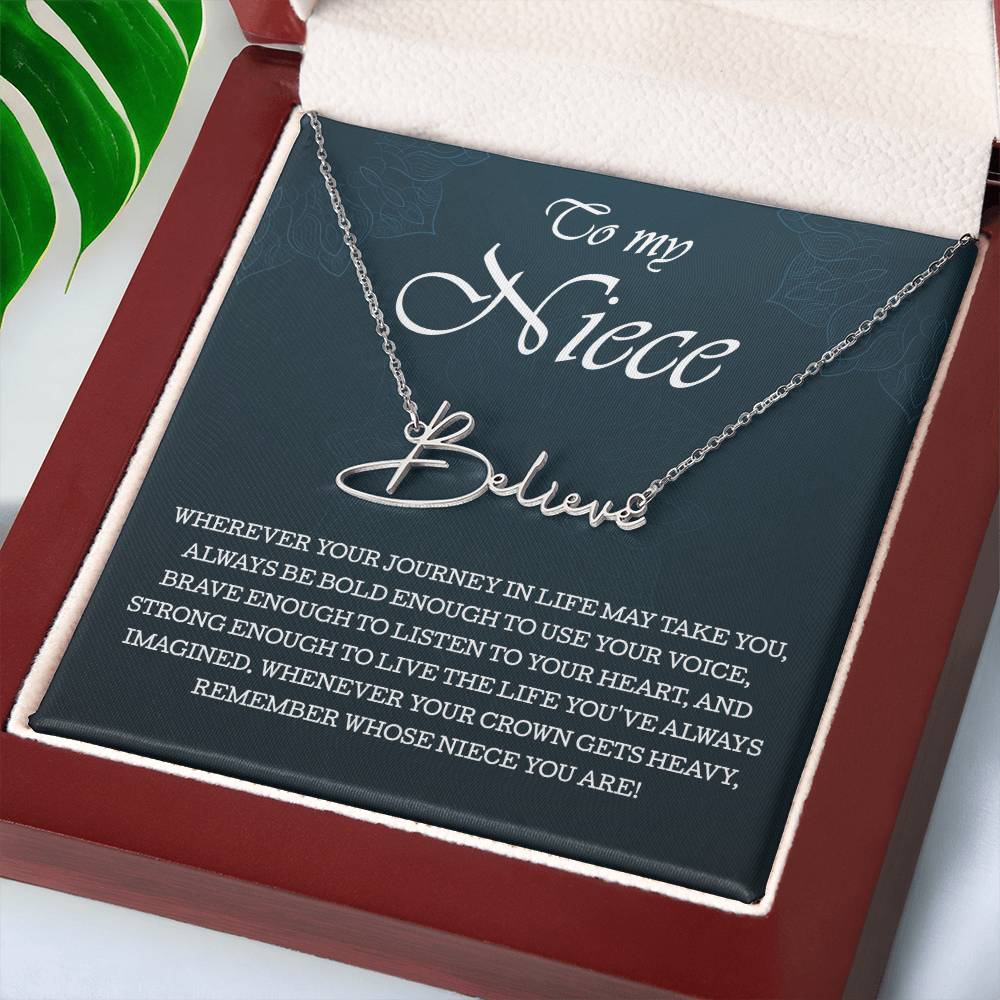 To My Niece Signature Style Name Necklace , Perfect Birthday or Graduation Gift with Blessing Card and Gift Box Packaging
