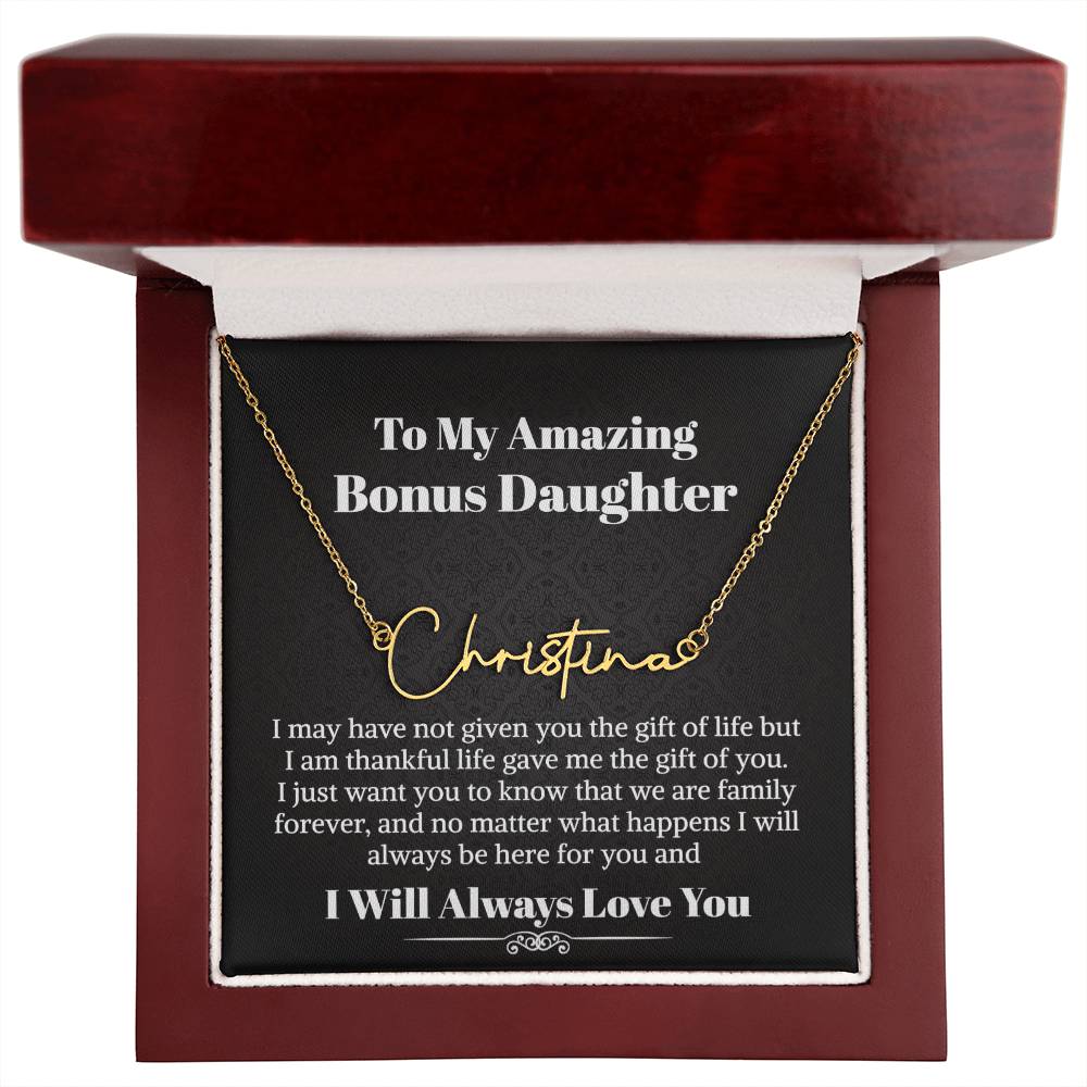 Bonus Daughter Signature Style Name Necklace Birthday Graduation Christmas Gift with Message Card and LED Jewelry Box Gift Pendant for Step Daughter Goddaughter