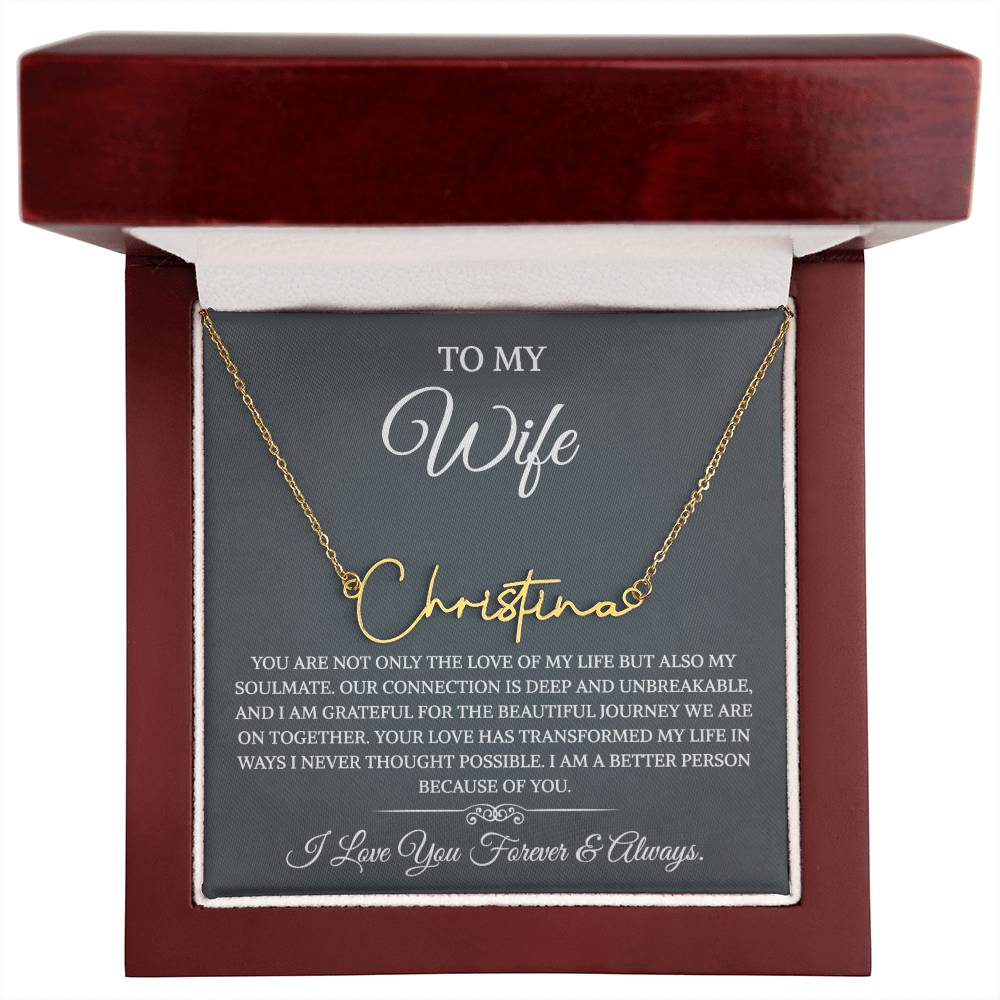 To My Wife Necklace from Husband with Message Card Romantic Gifts for Wife Signature Style Name Necklace for Women, Wife Jewelry Rose Gold, Wife Birthday