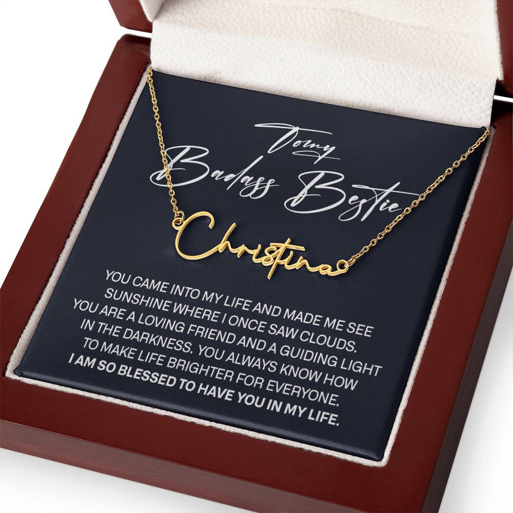To My Badass Bestie Signature Style Name Necklace, Best Friend Birthday Gifts for Women with Message Card, Gifts for Girlfriend, Friendship Jewelry