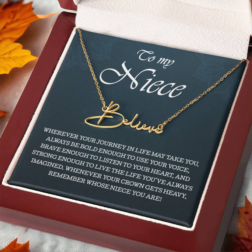 To My Niece Signature Style Name Necklace , Perfect Birthday or Graduation Gift with Blessing Card and Gift Box Packaging