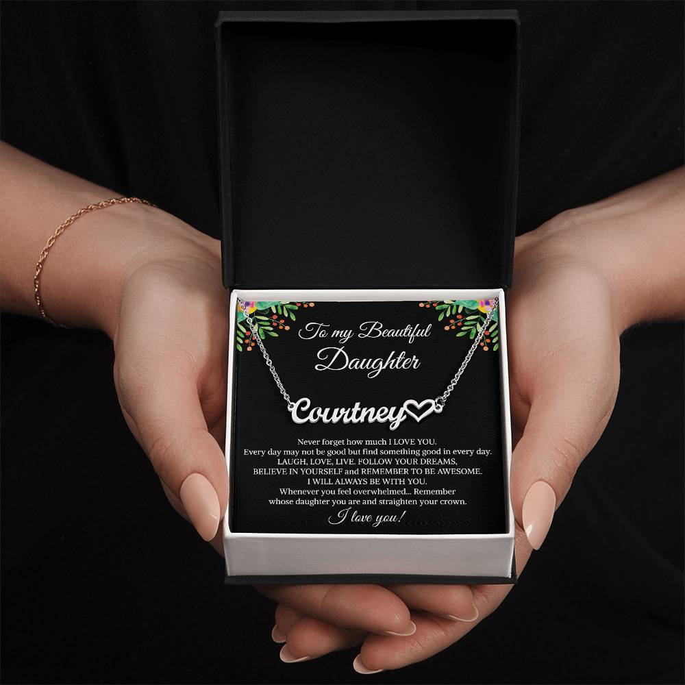 To My Beautiful Daughter Heart Name Necklace, Graduation Birthday Christmas Jewelry Gifts from Mom Dad With Heartfelt Message Card