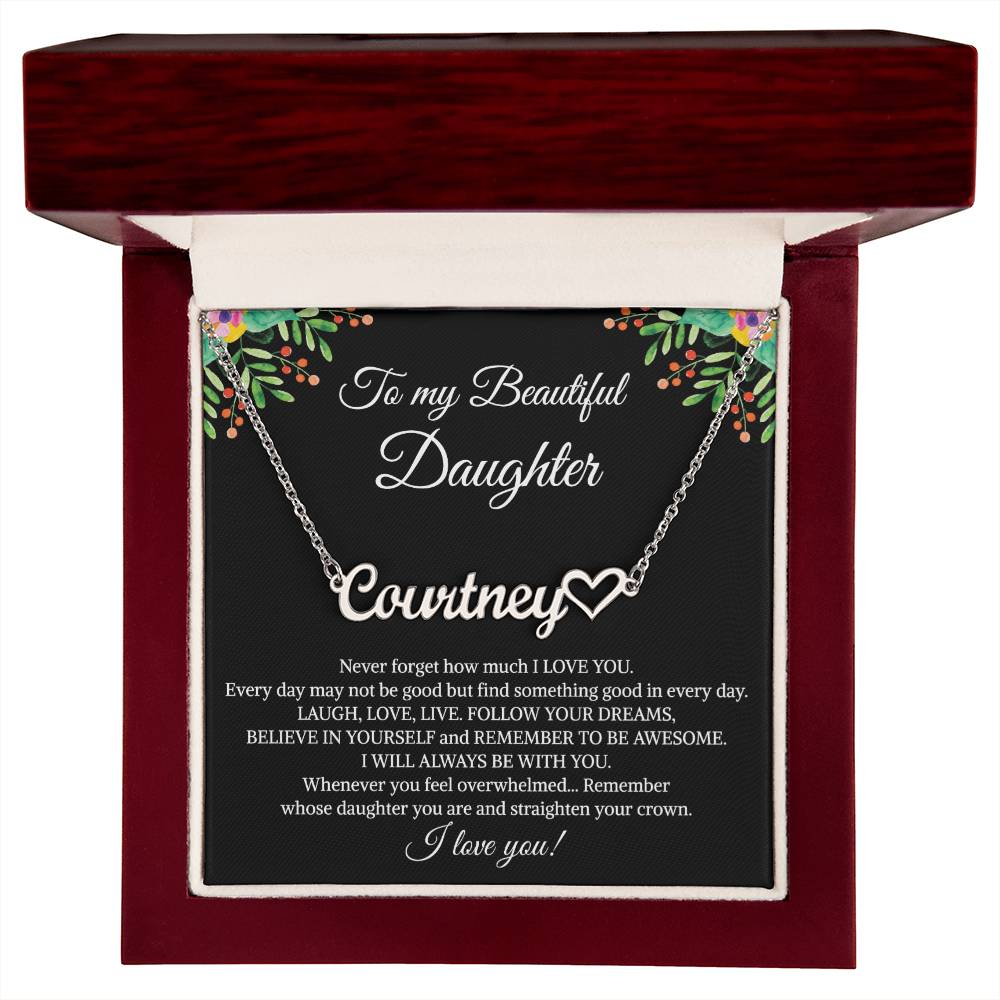 To My Beautiful Daughter Heart Name Necklace, Graduation Birthday Christmas Jewelry Gifts from Mom Dad With Heartfelt Message Card