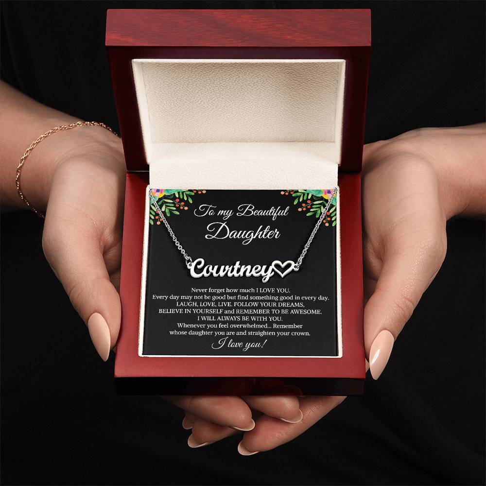To My Beautiful Daughter Heart Name Necklace, Graduation Birthday Christmas Jewelry Gifts from Mom Dad With Heartfelt Message Card
