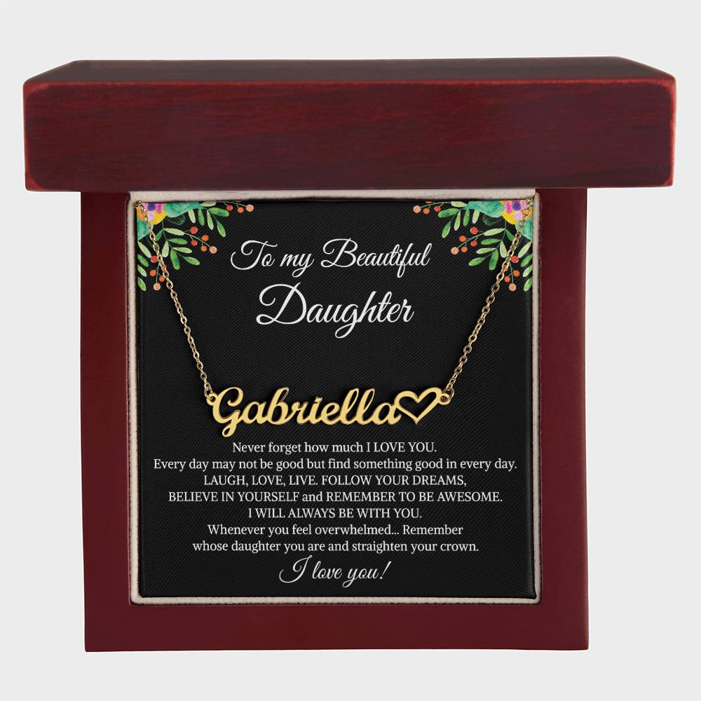 To My Beautiful Daughter Heart Name Necklace, Graduation Birthday Christmas Jewelry Gifts from Mom Dad With Heartfelt Message Card