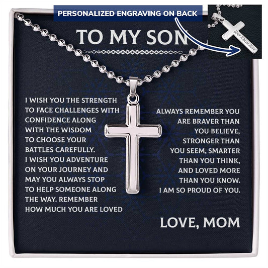 To My Son Cross Necklace - Personalized Gift from Mom for Birthday or Graduation, Symbolizing Love, Strength, and Wisdom
