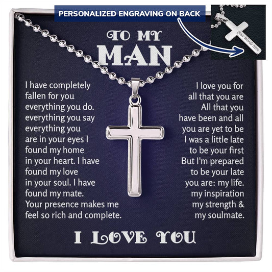 To My Man Personalized Cross Ball Chain Necklace, Gifts For Boyfriend From Girlfriend, For Husband From Wife