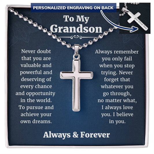 Grandson Birthday Gifts From Grandma • Present For Grandson From Grandmother • Grandson Personalized Cross Necklace From Grandparents