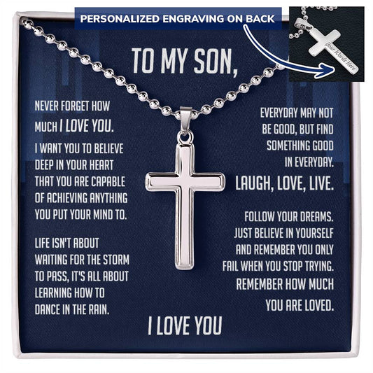 To My Son from Dad: Customized Cross Necklace with Ball Chain, an Ideal Birthday or Christmas Present