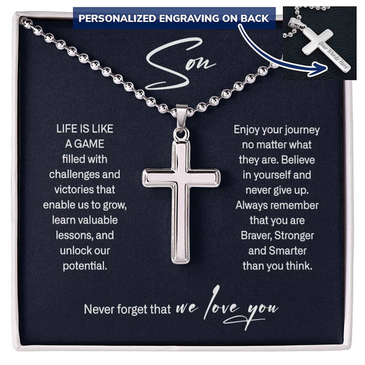 Son Personalized Cross Necklace Gift Set From Mom Dad, Gift for Son, Message Necklace for Men, Birthday Gift for Him, Christmas Jewelry