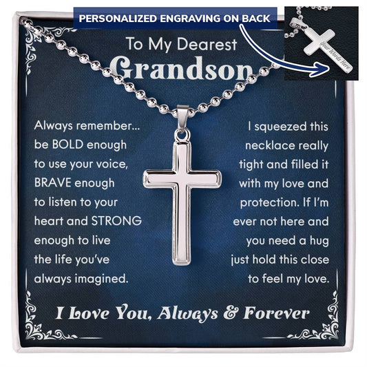 To My Dearest Grandson Personalized Cross Necklace From Grandma Grandpa