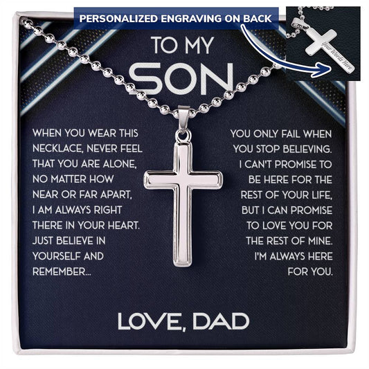 To My Son from Dad, Personalized Cross Necklace with Ball Chain, The Perfect Birthday or Christmas Gift