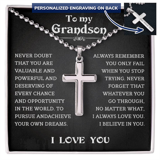 Grandson Personalized Cross Necklace From Grandparents, Nana And Grandson Gifts, Fathers Day Valentines Christmas Birthday Gifts for Grandson