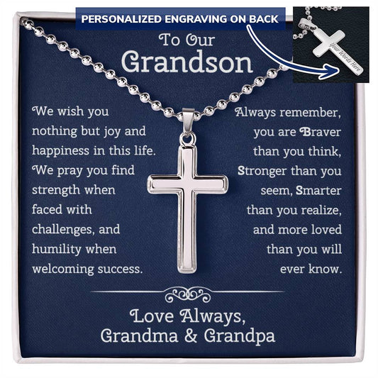 To Our Grandson Gift from Grandma and Grandpa • To Our Grandson Necklace • Personalized Cross Ball Chain Necklace