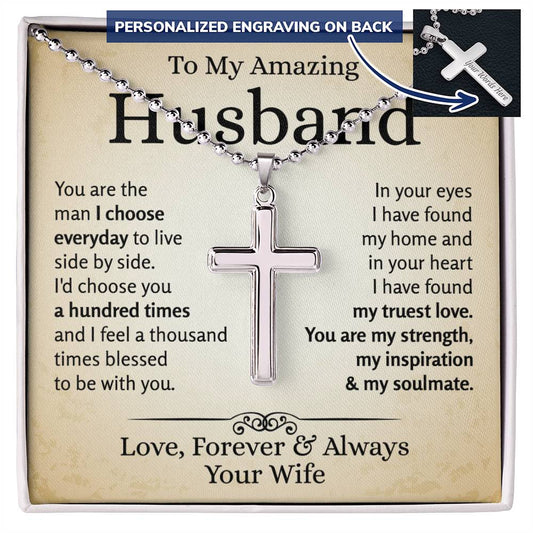 The Man I Choose Everyday | Personalized Cross Ball Chain Necklace | Gifts For Him