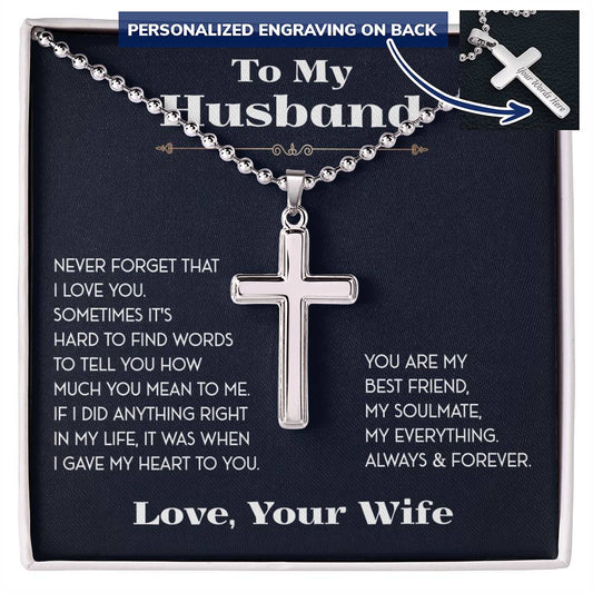 To My Husband Cross Necklace From Wife My Soulmate, Personalized Cross Necklace for Men Ball Chain