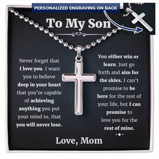 To My Son From Mom, Son Gifts From Mom, Mother and Son Necklace, Birthday Gift For My Son Graduation Christmas Faith Cross Ball Chain Necklace Present