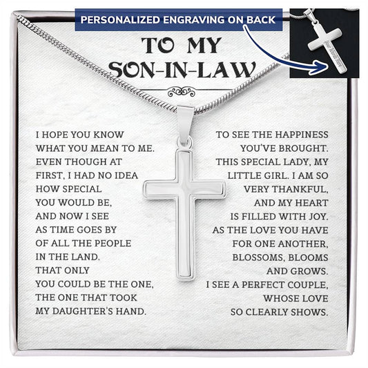 Gift from a mother to her son-in-law, celebrating wedding anniversaries or Christmas: A cross necklace for my beloved son-in-law, from your mother-in-law