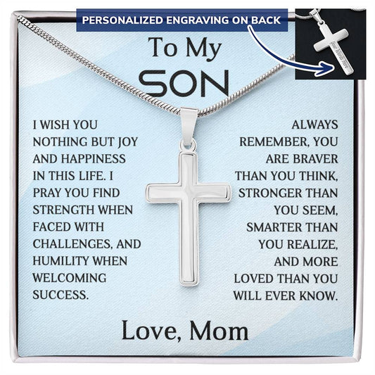 Personalized Engraved Cross Necklace From Mom, Perfect for Christmas, Birthdays, and Graduations for My Son