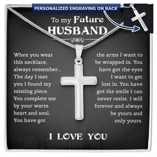 To My Future Husband Personalized Cross Necklace, Jewelry Gift for Him from Future Wife, Wedding Day Gift For Fiancé, Necklace With Meaningful Message Card & Gift Box