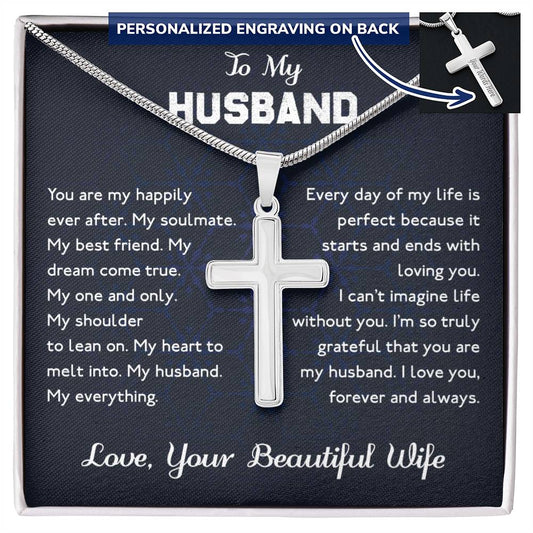 To My Husband - The perfect anniversary or birthday gift: an engraved men's cross necklace, symbolizing love, strength, and faith