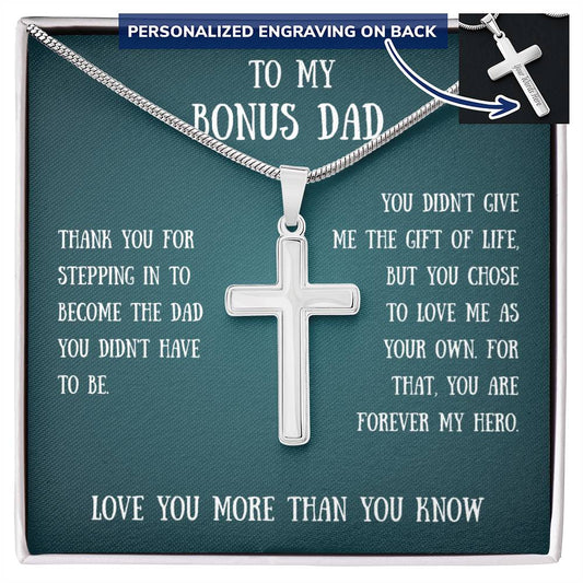 My Bonus Dad Personalized Cross Necklace Gift For Him, Necklace For Stepdad, Christmas Gift For Stepfather. Stepdad Gift. Step Dad Father's Day Gift. Stepped Up Dad Gift