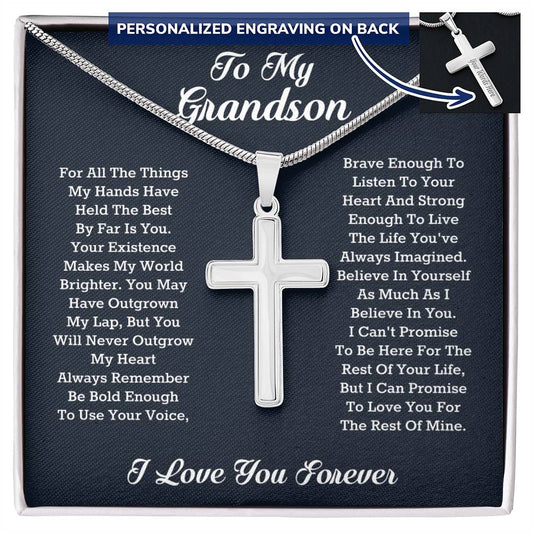 Grandson Gifts from Grandma Personalized Cross Necklace, Grandson Birthday Cards, Birthday Graduation Christmas Back to School Gifts for Grandson from Grandpa