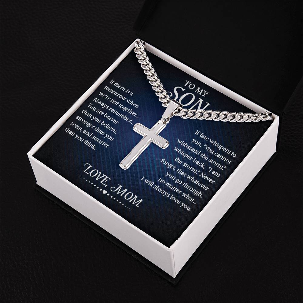 To My Son Cuban Chain With Artisan Cross Necklace From Mom, With Message Card And Gift Box, Necklaces For Birthday, Anniversary, Christmas Gift