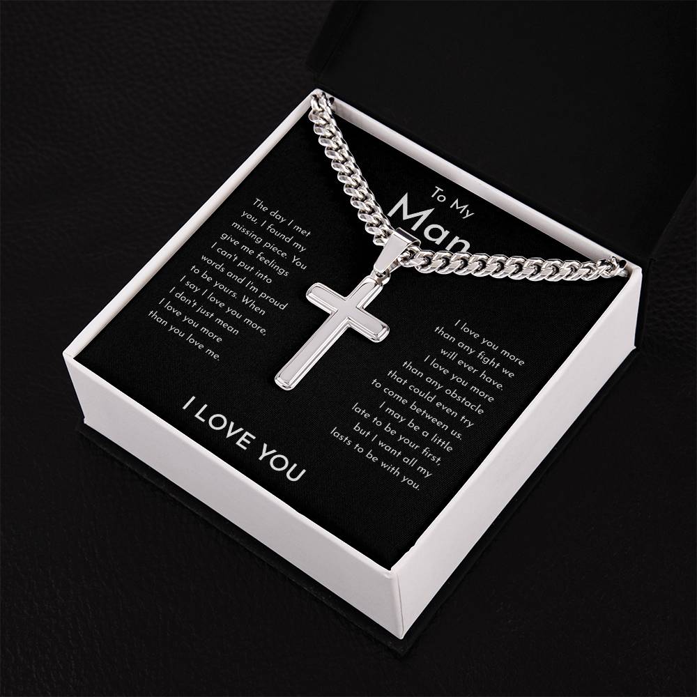 To My Man Cuban Chain With Artisan Cross Necklace, I Love You