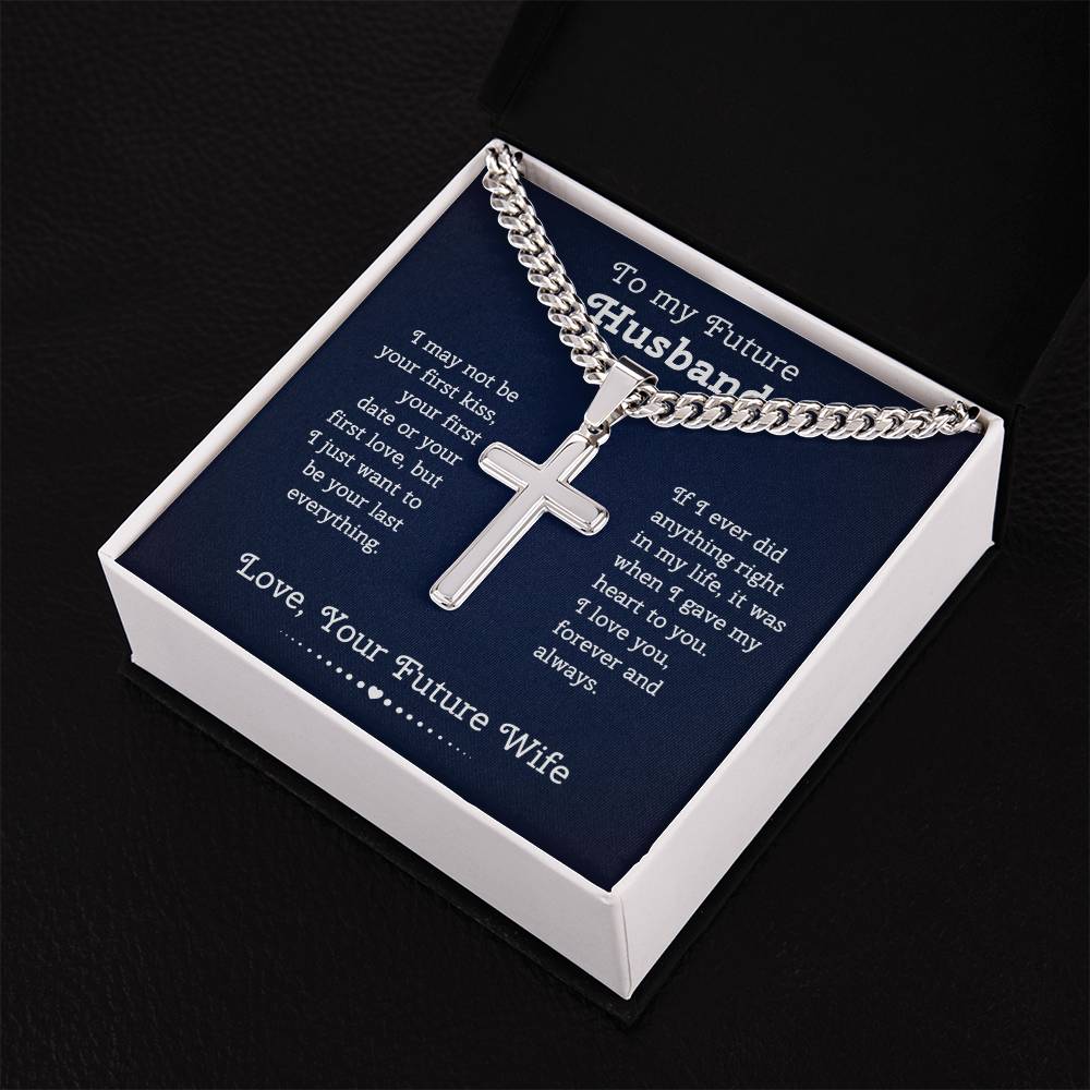 To My Future Husband Cuban Chain with Artisan Cross Necklace Gift Set Cross Necklace with Message Card and Gift Box, Gift for Husband, Husband Gift
