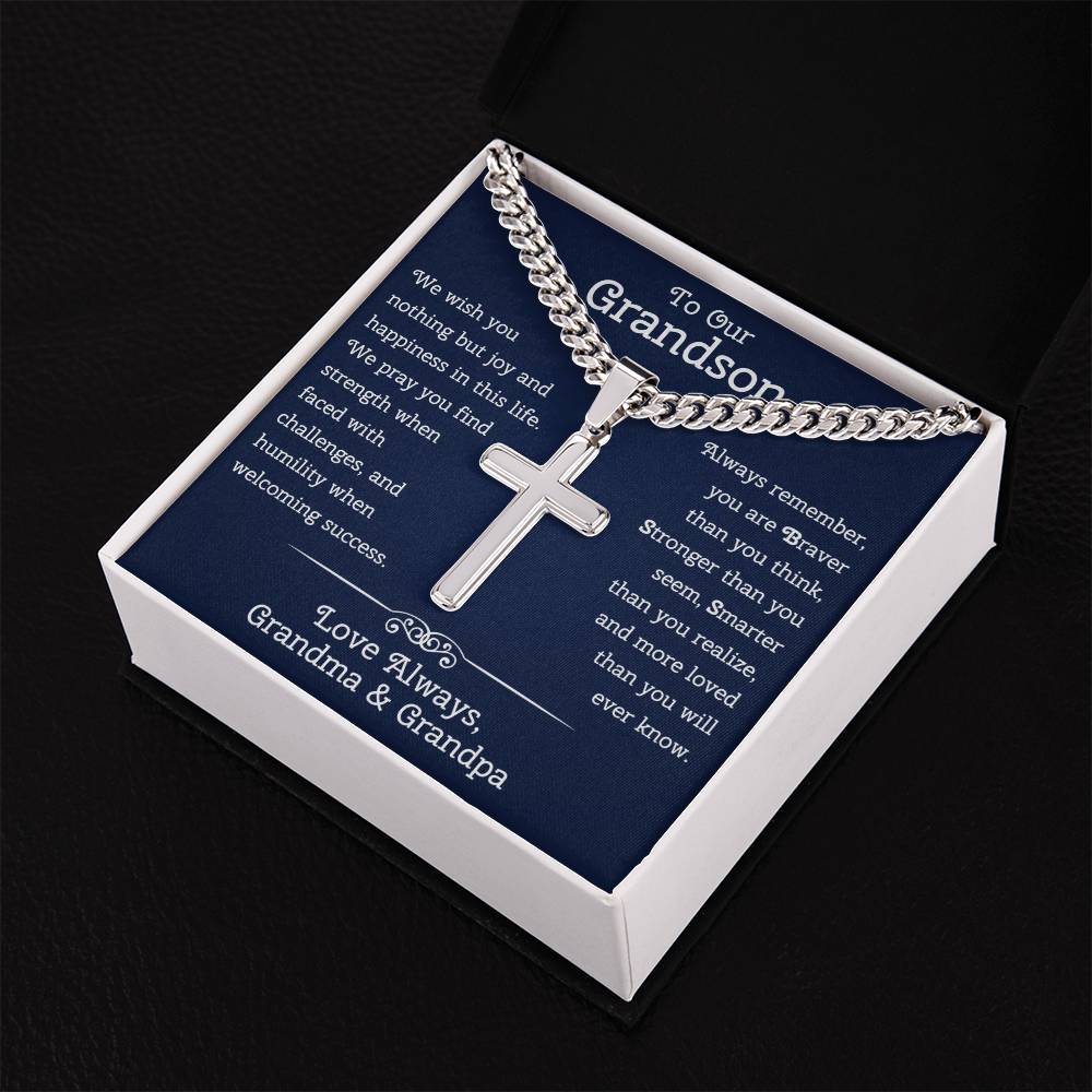To Our Grandson Gift from Grandma and Grandpa • To Our Grandson Necklace • Cuban Chain With Artisan Cross Necklace
