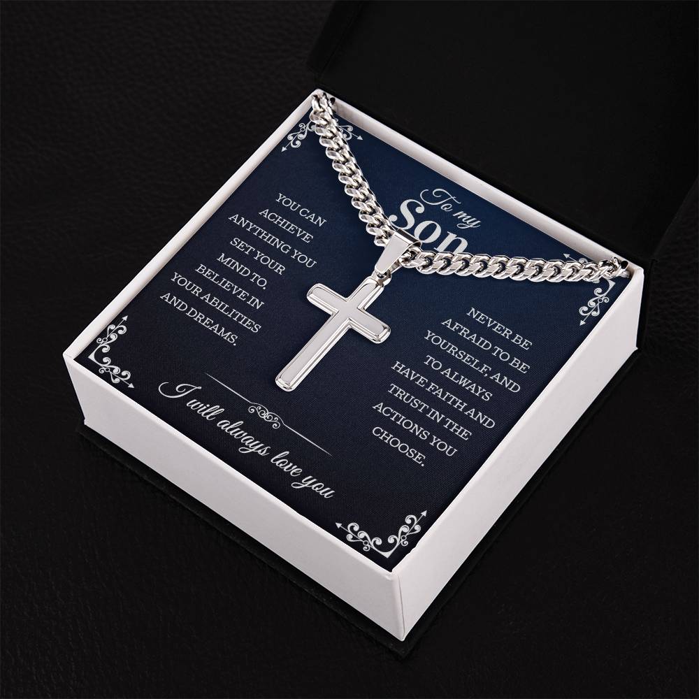 Gift For Son | Cuban Chain with Artisan Cross Necklace Perfect From Mom Dad | Personalized Gift For Son | Birthday Christmas Graduation Gift For Son