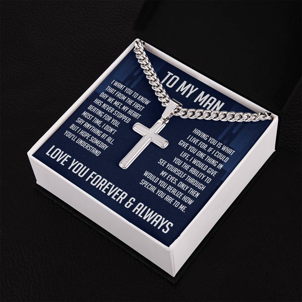 To My Man Cuban Chain With Artisan Cross Necklace, Gifts For Boyfriend From Girlfriend, Gift For Husband From Wife