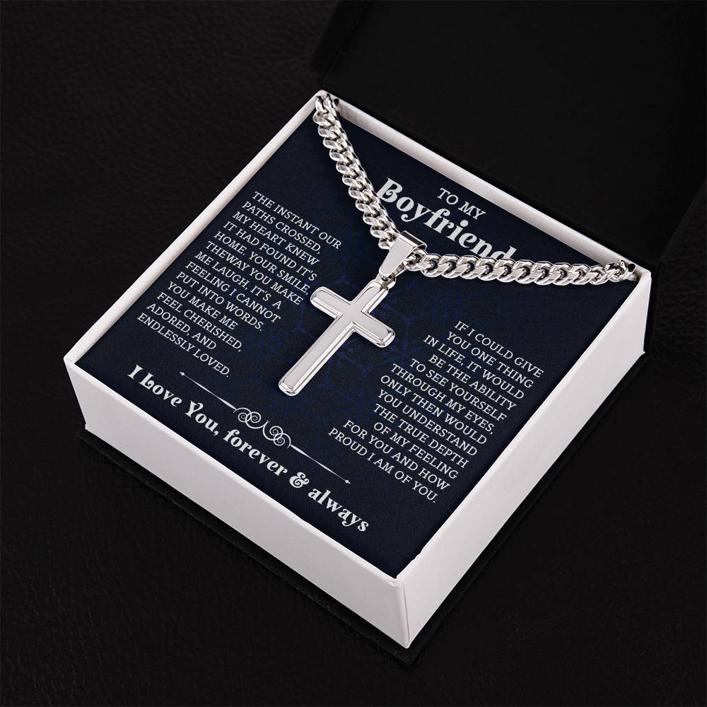To My Boyfriend Cuban Chain with Cross Necklace , Gift For Boyfriend, Boyfriend Christmas Gift, Birthday Gift, Anniversary Gift For Him